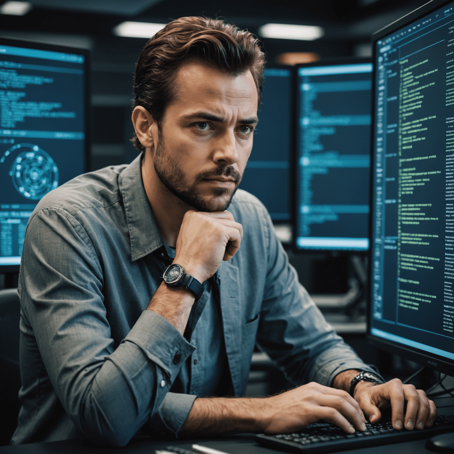 複雑な Java コードが表示されたモニターの前で、真剣な表情で作業をしているIT専門家の画像。
