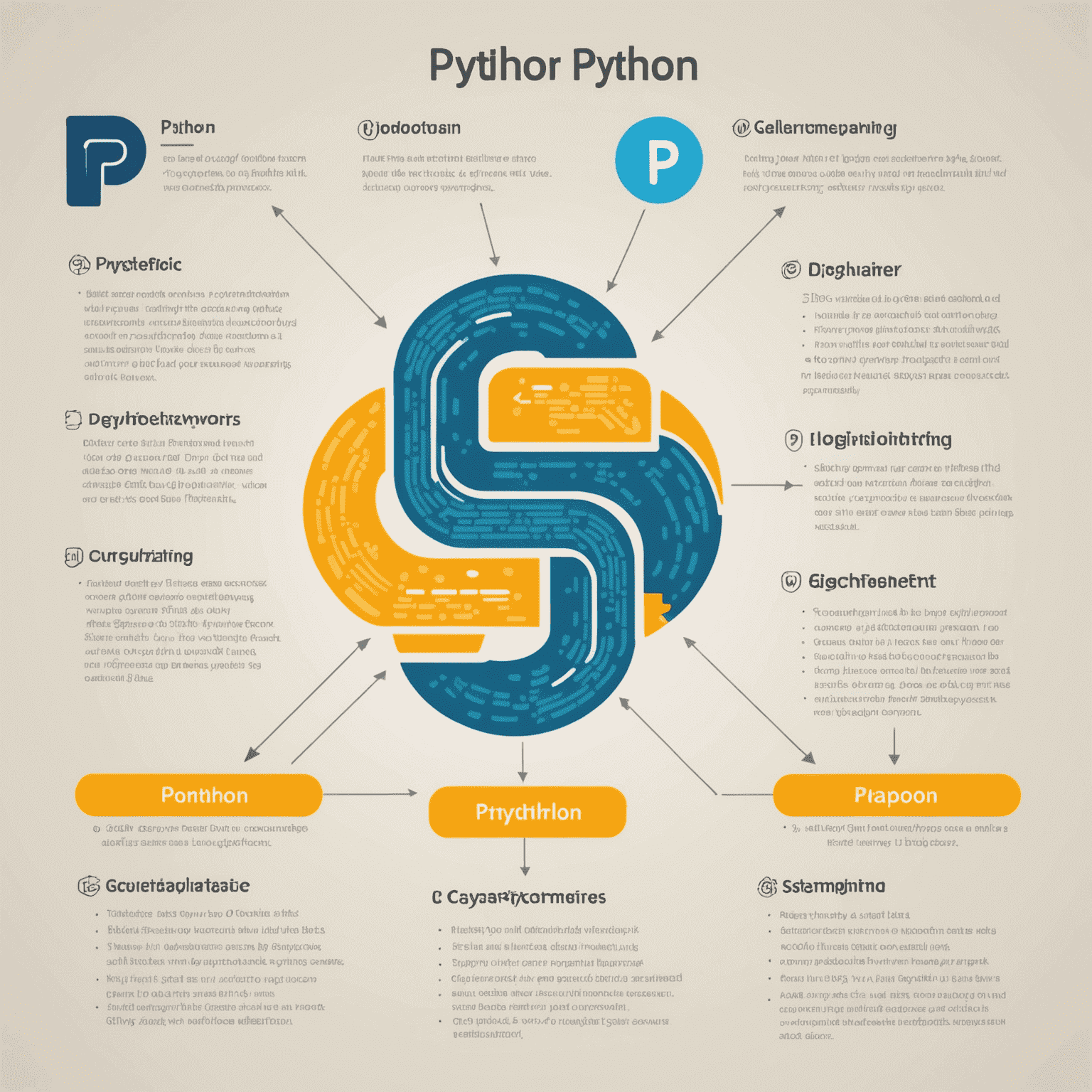 Pythonプログラミングの基礎を説明する図。コードエディタ、Pythonのロゴ、簡単な構文の例が表示されています。