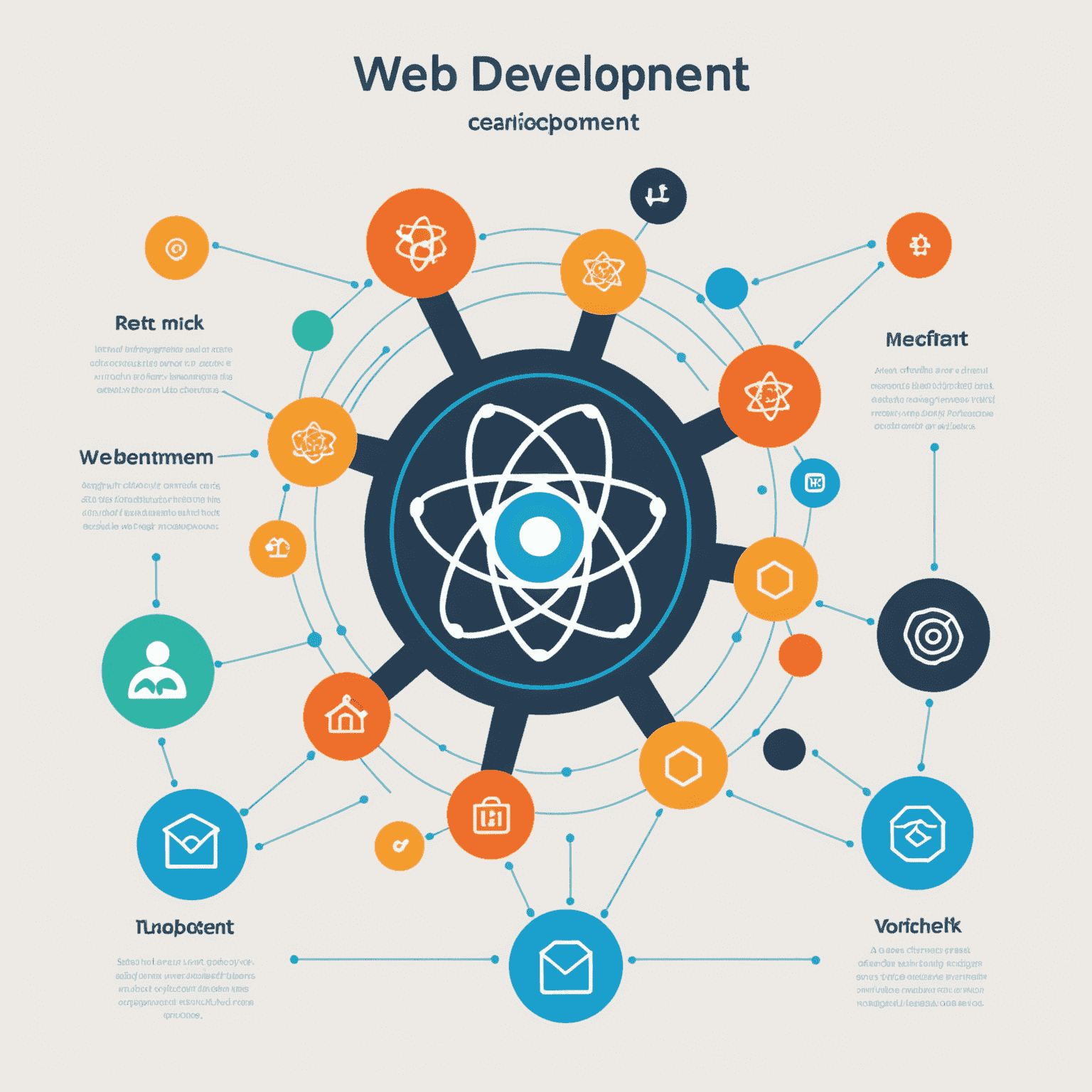 Reactを使用したウェブ開発を示す図。コンポーネント構造、仮想DOM、Reactのライフサイクルが視覚化されています。